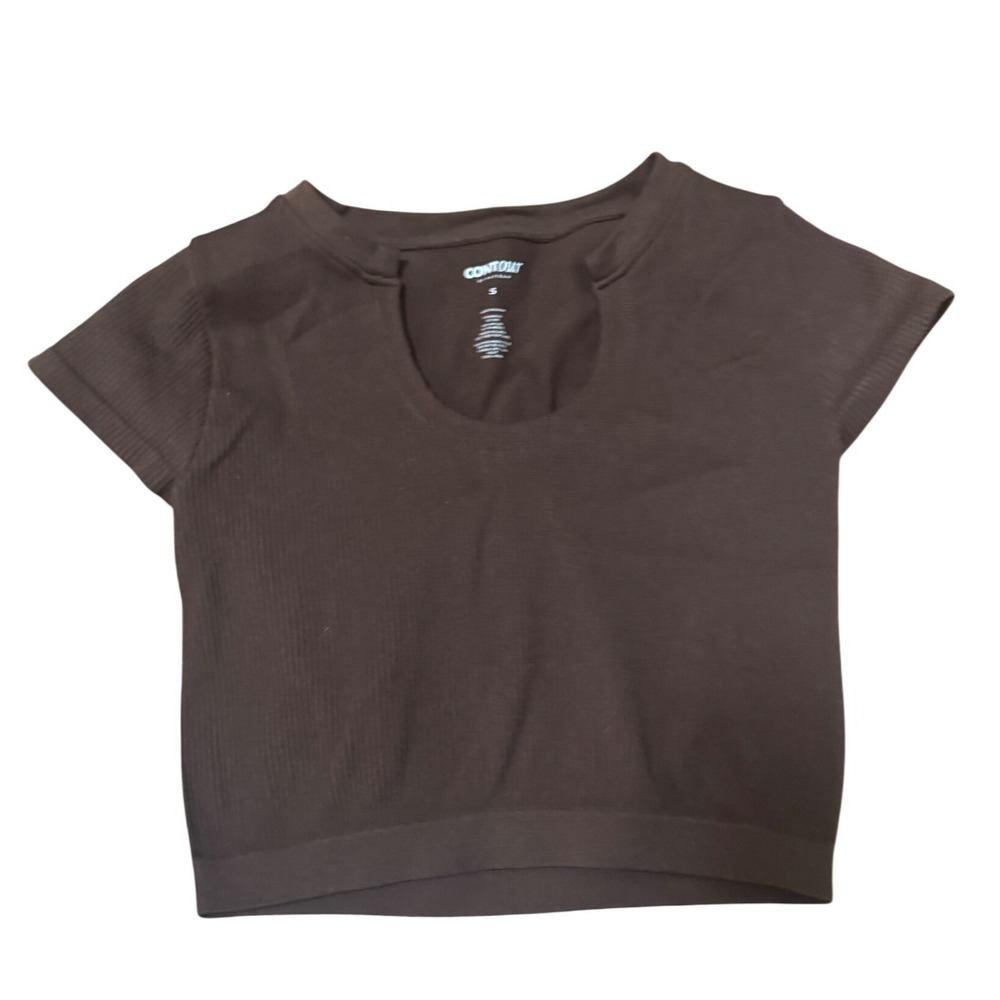 PacSun Contour Ribbed Brown Cropped Shirt Size S Knit Fitted Casual Short Sleeve